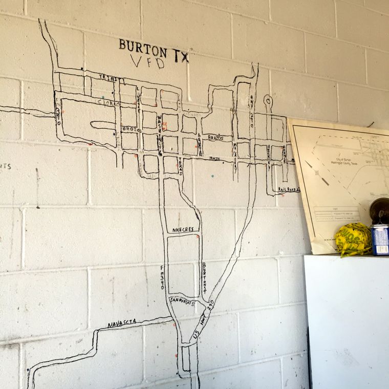 Burton. TX: Map on the wall.